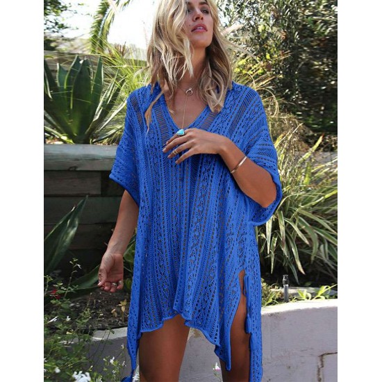 Blue Knitted Hollow out Beach Dress