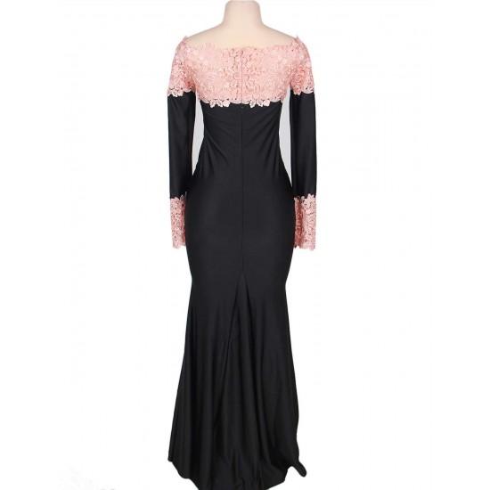 Boat Neck Pink Lace Evening Gown