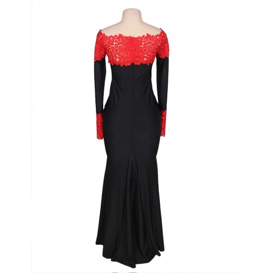 Boat Neck Red Lace Evening Gown