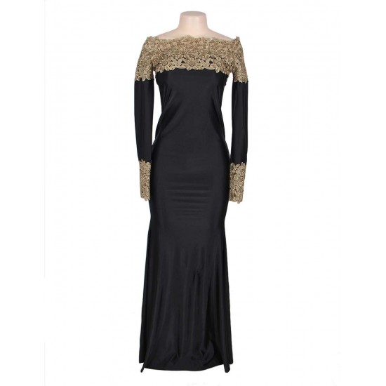 Boat Neck Khaki Lace Evening Gown