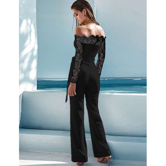 Black Falling shoulder lace stitching fashion jumpsuit