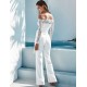 White Falling shoulder lace stitching fashion jumpsuit