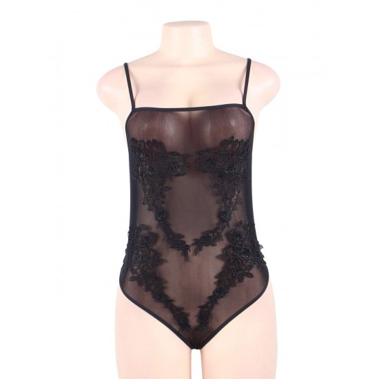 Plus Size Black Floral Embroidered Sheer Mesh Teddy