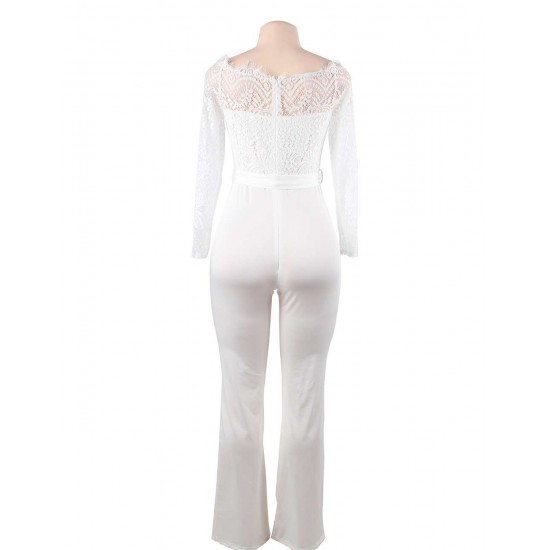 White Falling shoulder lace stitching fashion jumpsuit