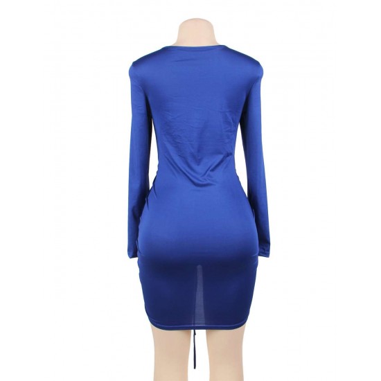 Blue Drawstring Adjustable Fashion Tight-fitting Dress