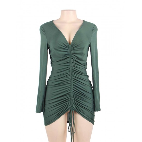 Olive Green Drawstring Adjustable Fashion Tight-fitting Dress