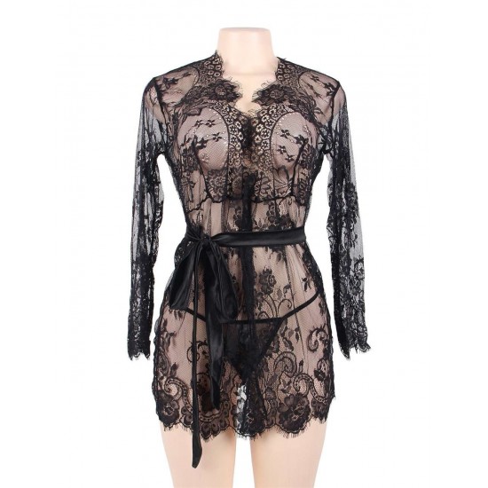 Black Eyelash Lace Sleepwear Gown