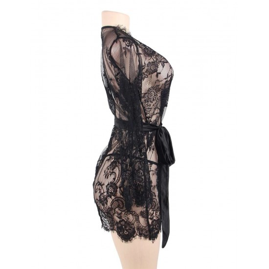 Plus Size Black Eyelash Lace Sleepwear Gown