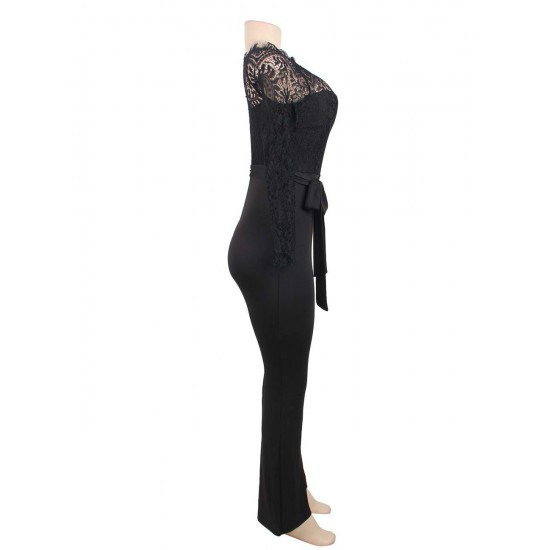 Black Falling shoulder lace stitching fashion jumpsuit