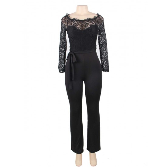 Black Falling shoulder lace stitching fashion jumpsuit