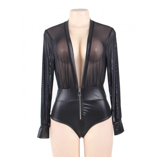 Black V-neck Zipper Leather Teddy