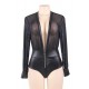 Plus Size Black V-neck Zipper Leather Teddy