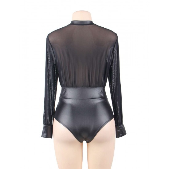 Plus Size Black V-neck Zipper Leather Teddy