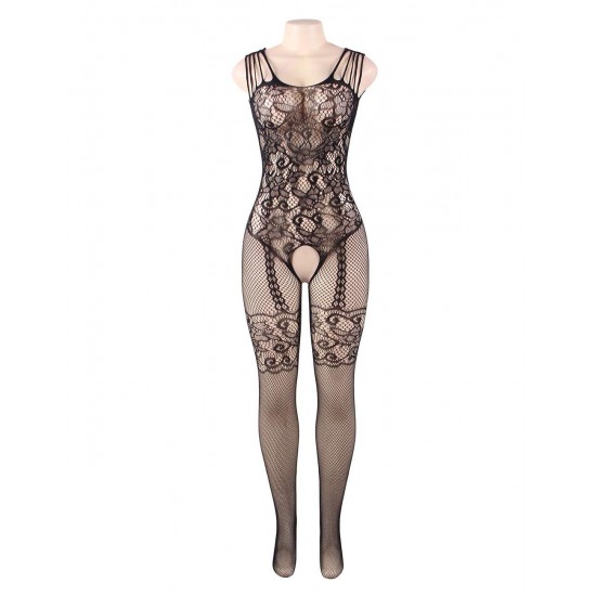 Strappy Shoulders Floral Motif Mesh Black Bodystockings