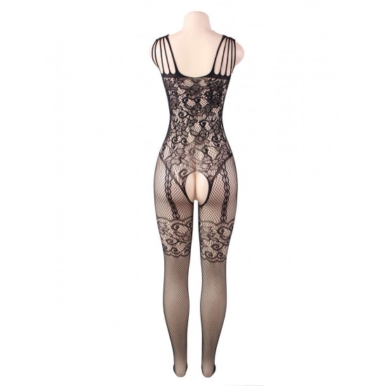 Strappy Shoulders Floral Motif Mesh Black Bodystockings