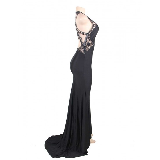 Embroidery High Neck Keyhole Backless Black Party Gown