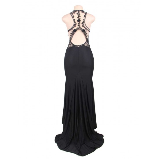 Embroidery High Neck Keyhole Backless Black Party Gown