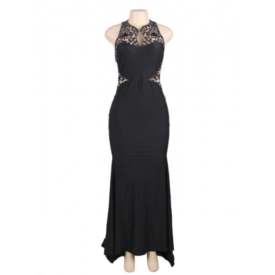 Plus Size Embroidery High Neck Keyhole Backless Black Party Gown