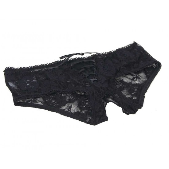 Black Open Crotch Strappy Lace Thongs