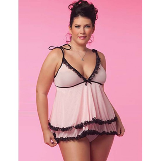 Pink 2 Pieces Plus Size Trim Black Lace Babydoll