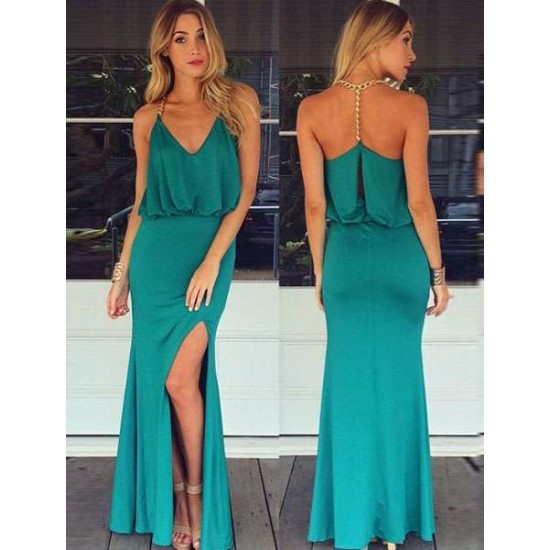 Gold Chain Halter Maxi Green Dress with T Back