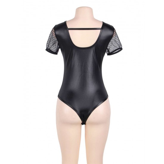 Plus Size Black Lace Leather Stitching Teddy