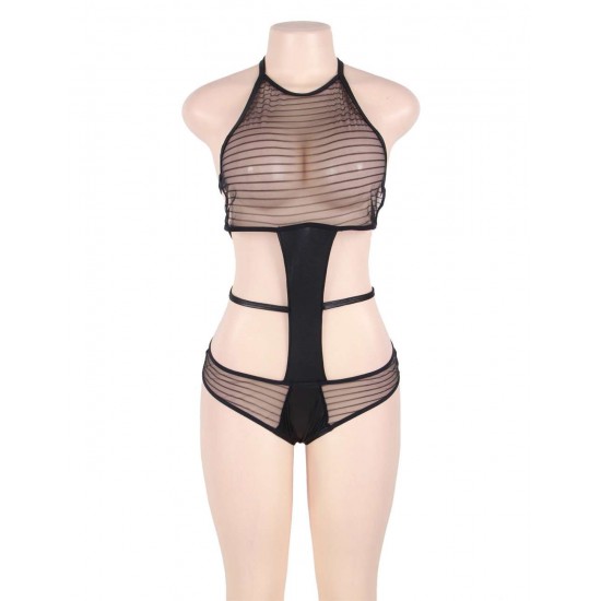 Black Backless Striped Lace Teddy