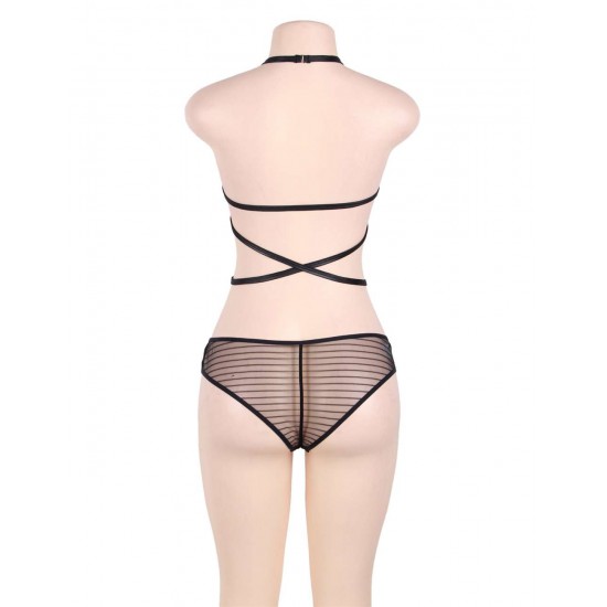 Black Backless Striped Lace Teddy