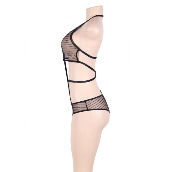 Black Backless Striped Lace Teddy