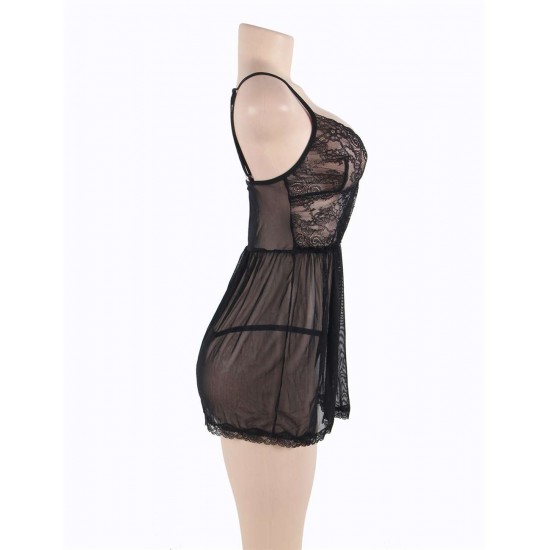 Elegant black lace straps Babydoll Set