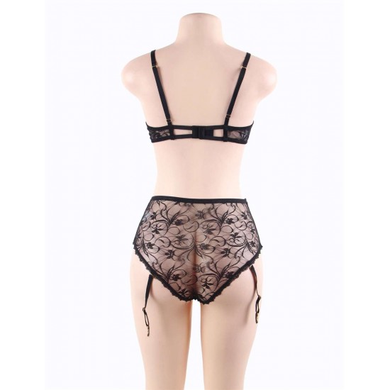 Black Lace Open Bust Bra And Garter Panty Set With Steel Ring