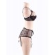 Black Lace Open Bust Bra And Garter Panty Set With Steel Ring