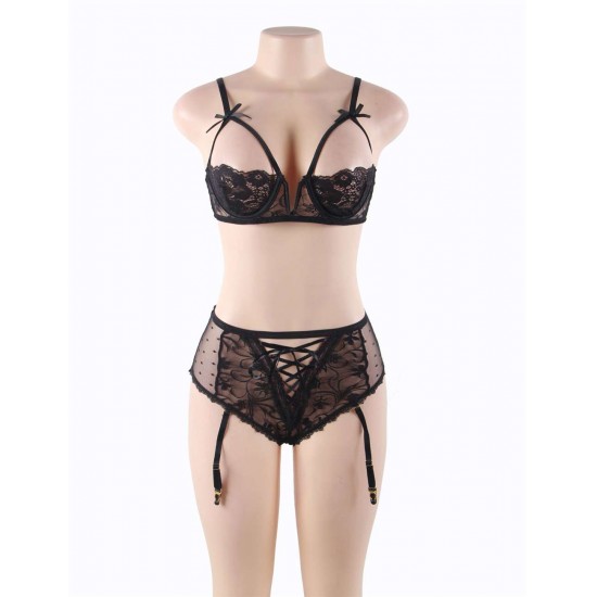 Black Lace Open Bust Bra And Garter Panty Set With Steel Ring