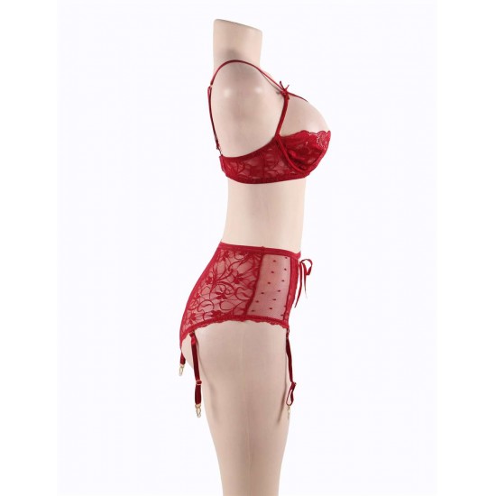 Red Lace Open Bust Bra And Garter Panty Set With Steel Ring