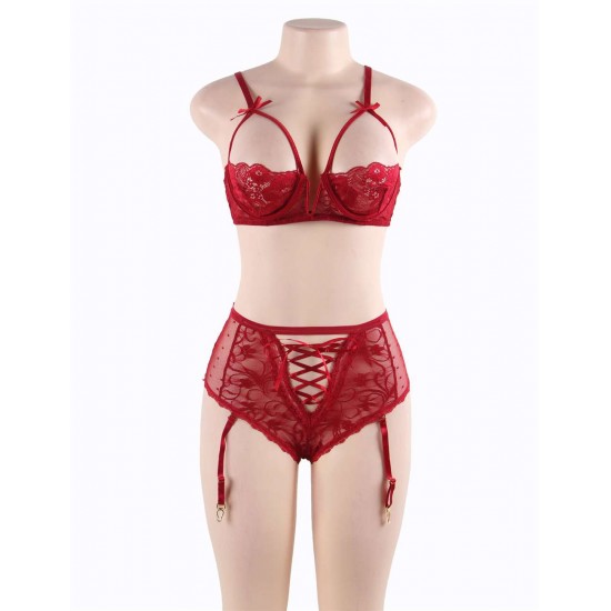 Red Lace Open Bust Bra And Garter Panty Set With Steel Ring