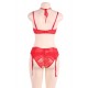 Sexy 3pcs Red Eyelash Lace Bra Panty Set