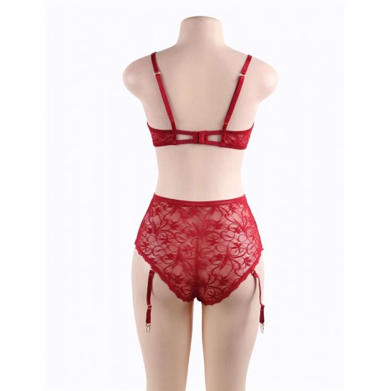 Plus Size Red Lace Open Bust Bra And Garter Panty Set With Steel Ring