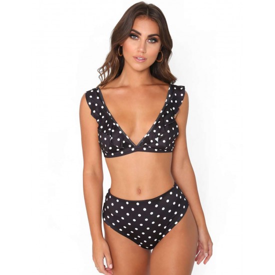 Black Sexy Deep-V Ruffled Polka Dot Bikini