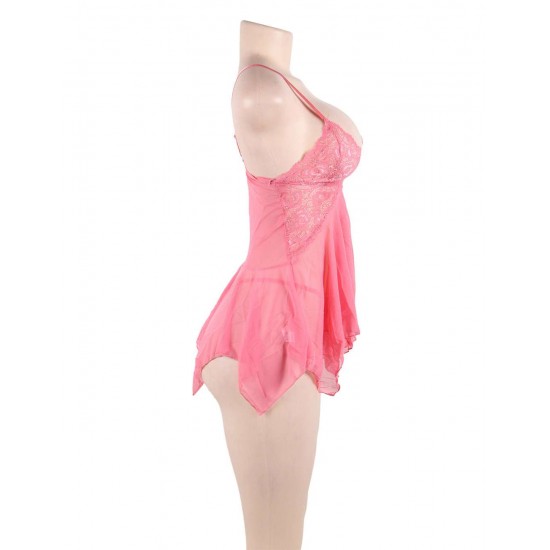 Pink Transparent Lace Babydoll Lingerie