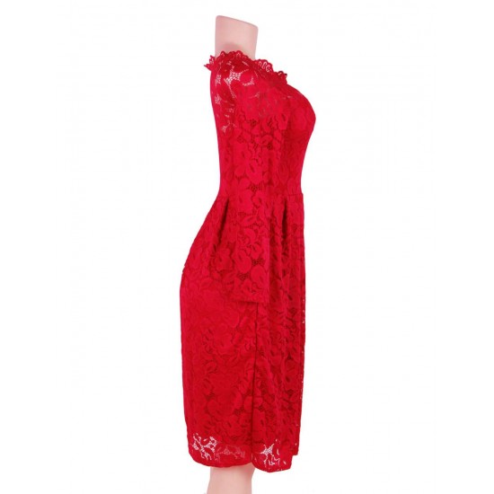 Plus Size Long Sleeve Fashion Red Lace Midi Dress