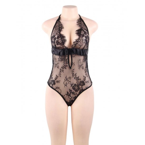 Black Deep V Backless Exquisite Lace Teddy