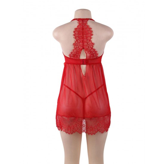 Sexy Red Sheer Floral Eyelash Trim Lace Babydoll Set