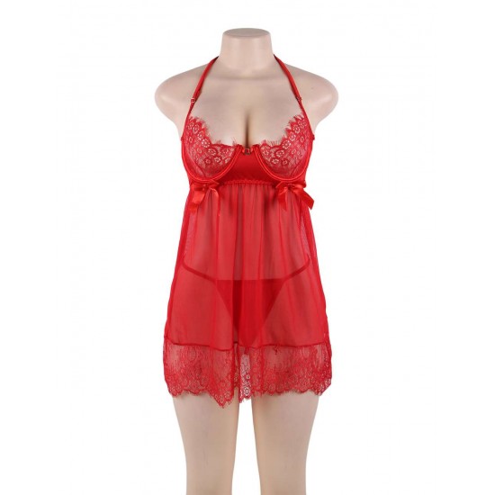 Sexy Red Sheer Floral Eyelash Trim Lace Babydoll Set