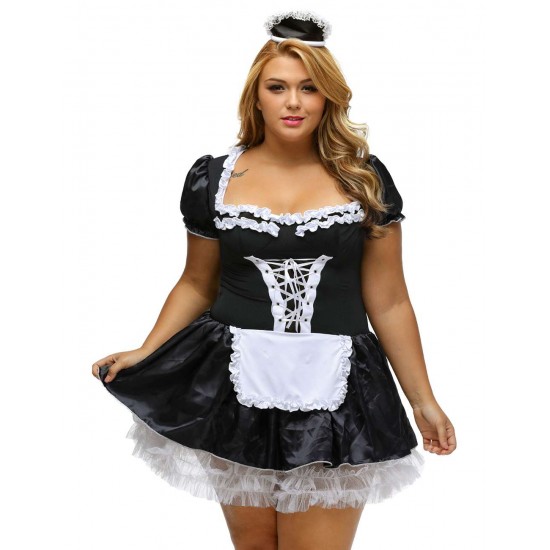 Plus Size Halloween Satin French Maid Adult Uniform Fancy Dress Costume