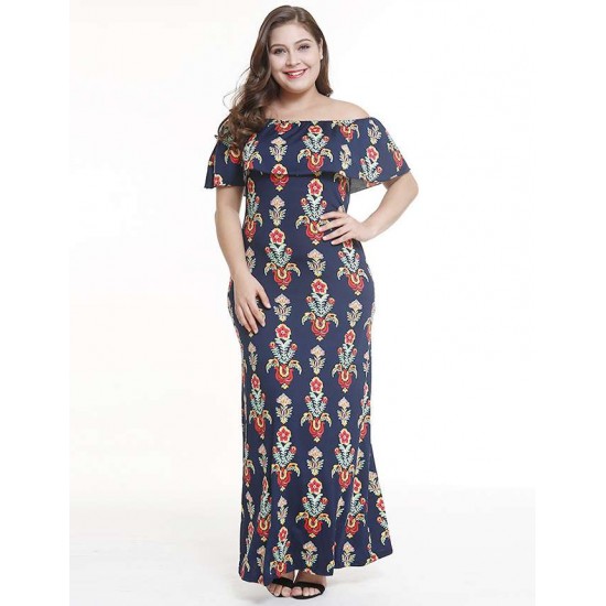 Plus Size Off Shoulder Casual Printed Long Dress