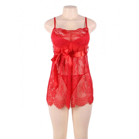 Sexy Red Eyelash Trim Lace Babydoll Set