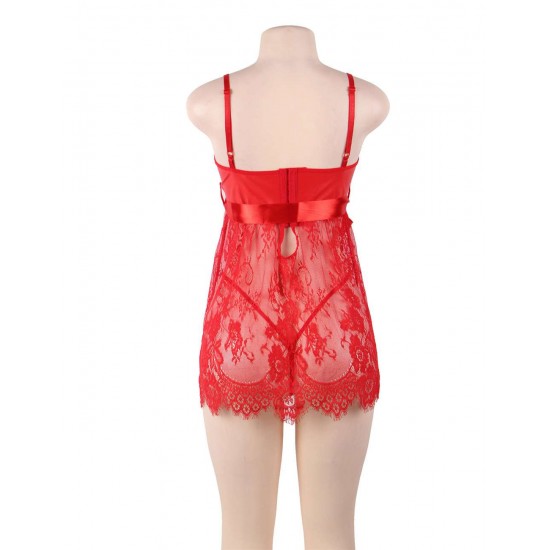 Plus Size Sexy Red Eyelash Trim Lace Babydoll Set