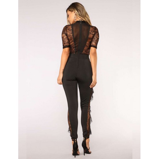 Black Lace Half-length Sleeve Jumpsuit