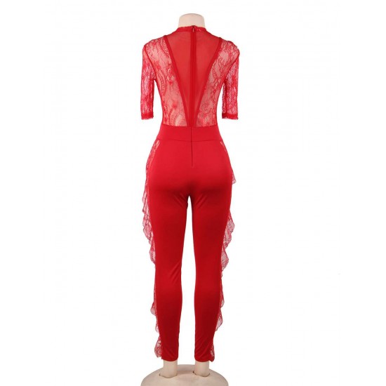 Red Lace Half-length Sleeve Jumpsuit