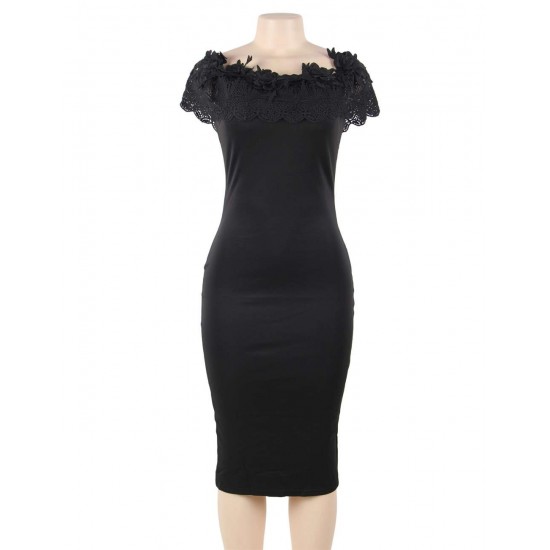 Off Shoulder Bodycon Midi Knitting Flowers Black Dress